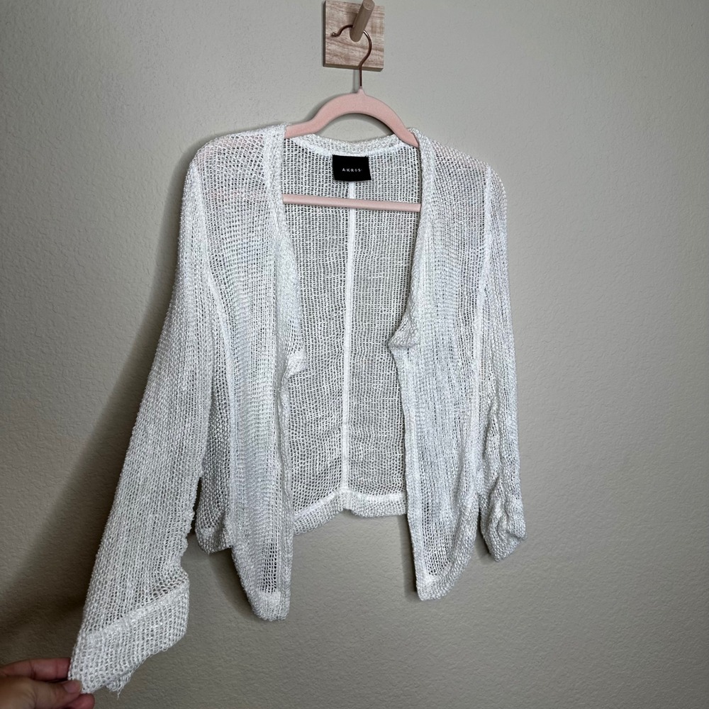 Akris White Cotton Linen Mesh Knit Open Front Cardigan Jacket US‎ 8